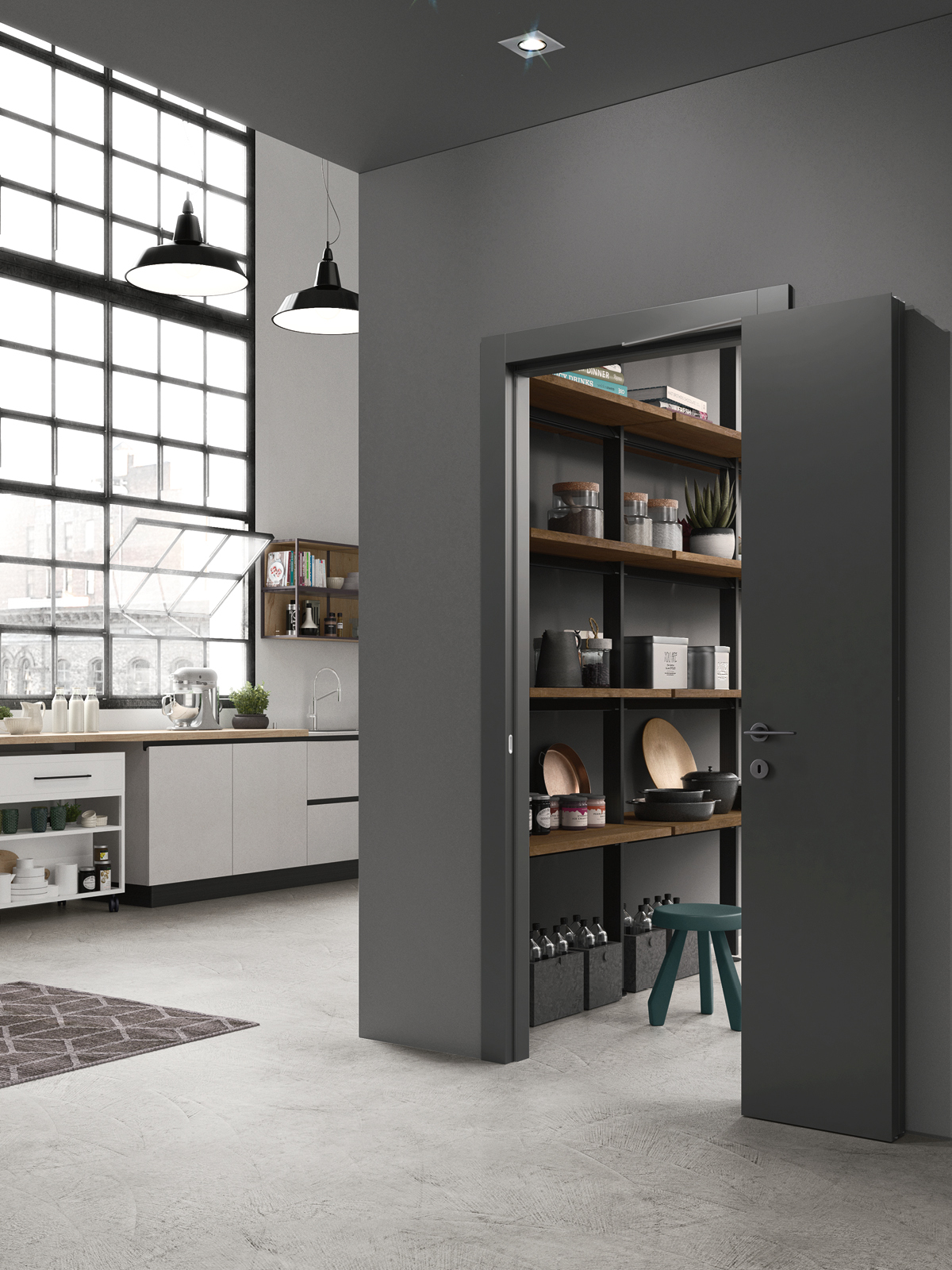 porta salvaspazio X_Fold a pacchetto 180° tra cucina e dispensa