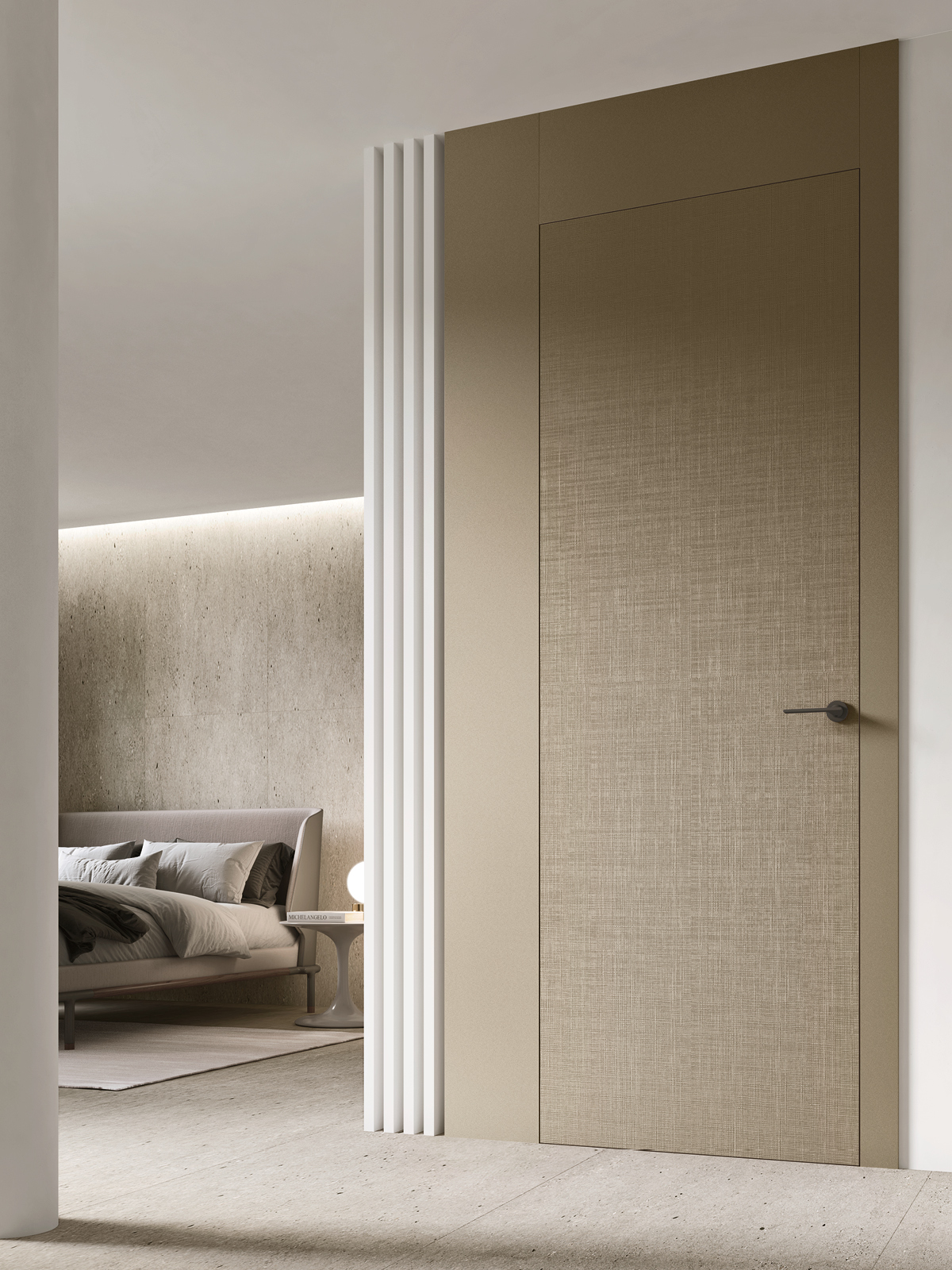 porta Aventura laccato Nickel con telaio architettonico F300 in camera da letto