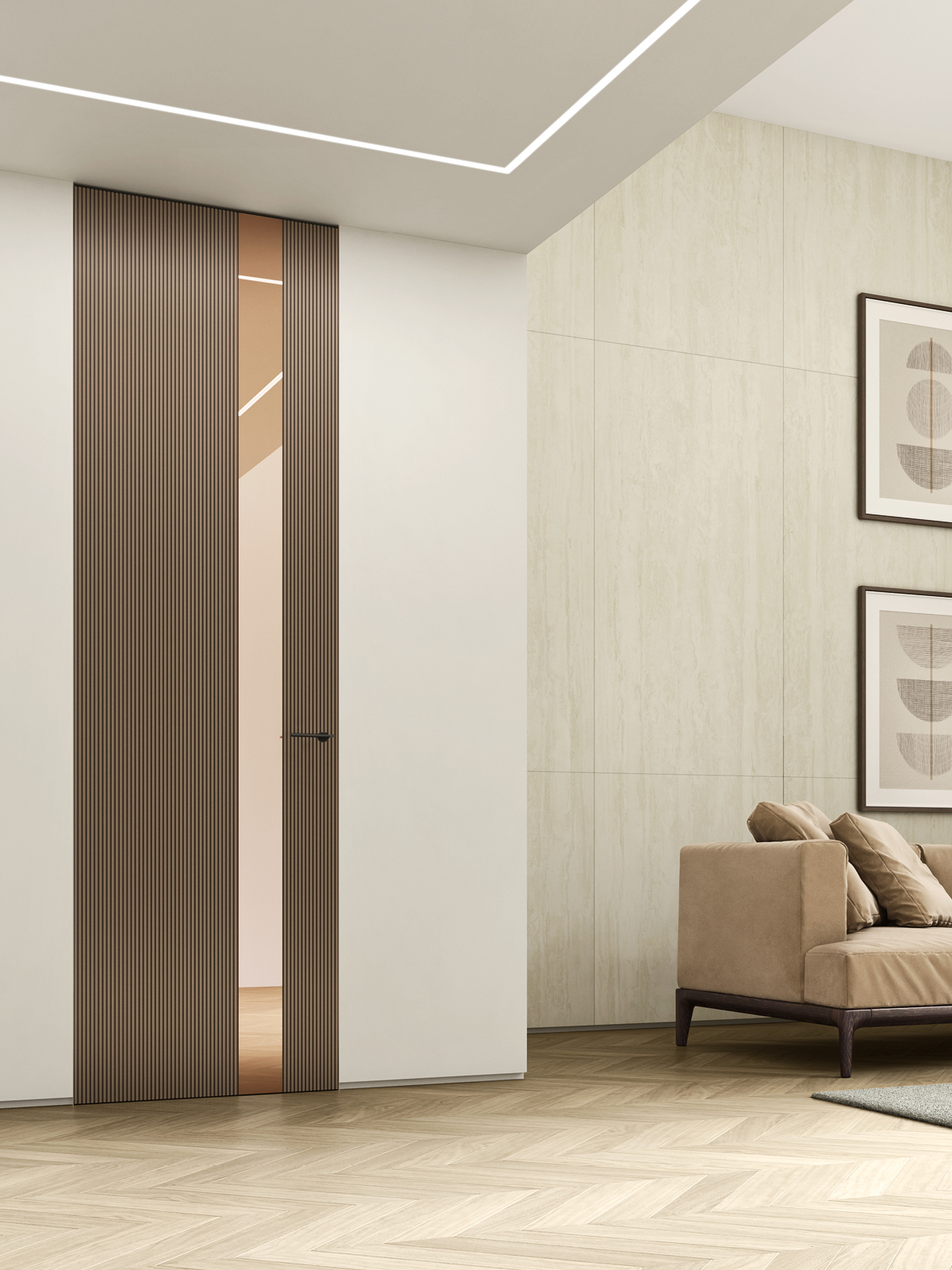 porta cannettata Groovy Decor a tutt’altezza raso muro con inserto specchio