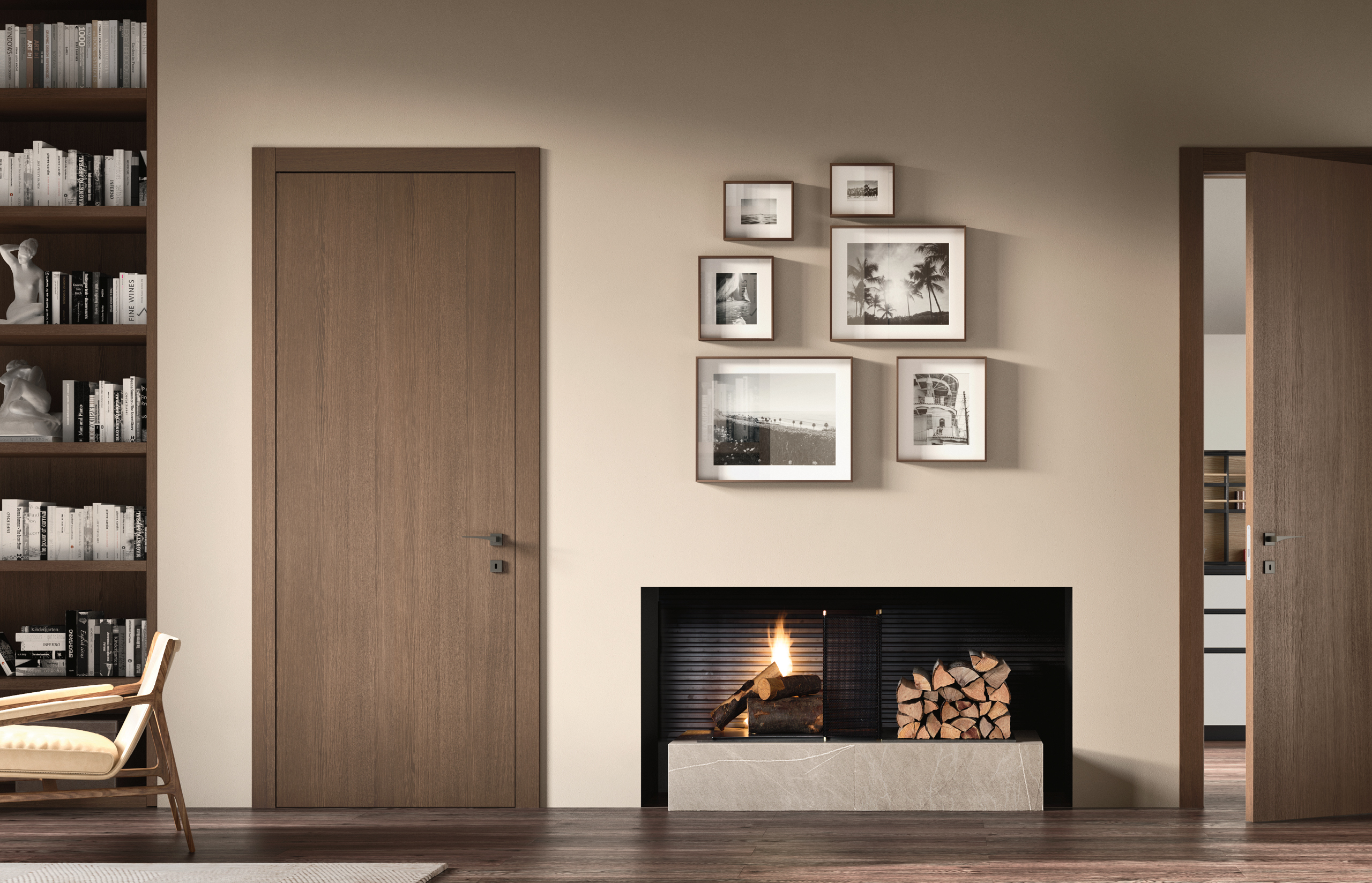 porte interne effetto legno in soggiorno classico con caminetto