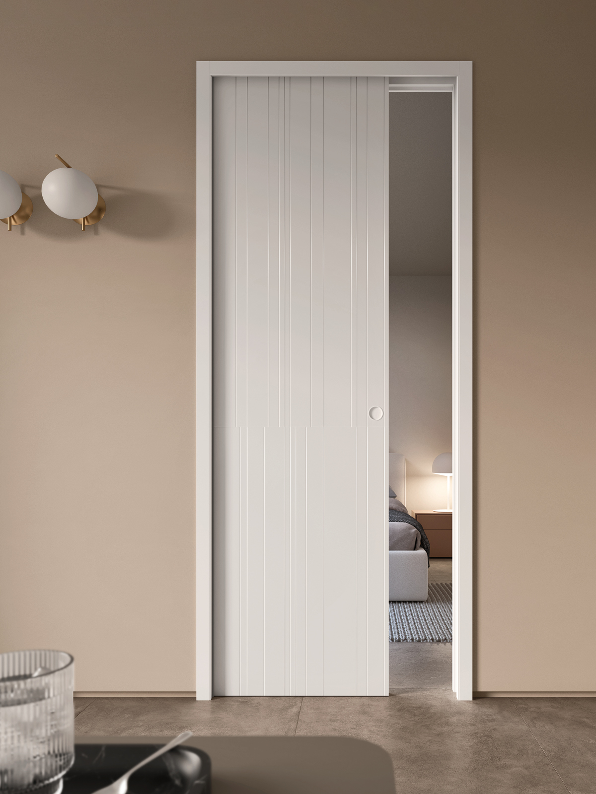porta SoHo scorrevole interno muro con incisioni decorative in camera da letto moderna