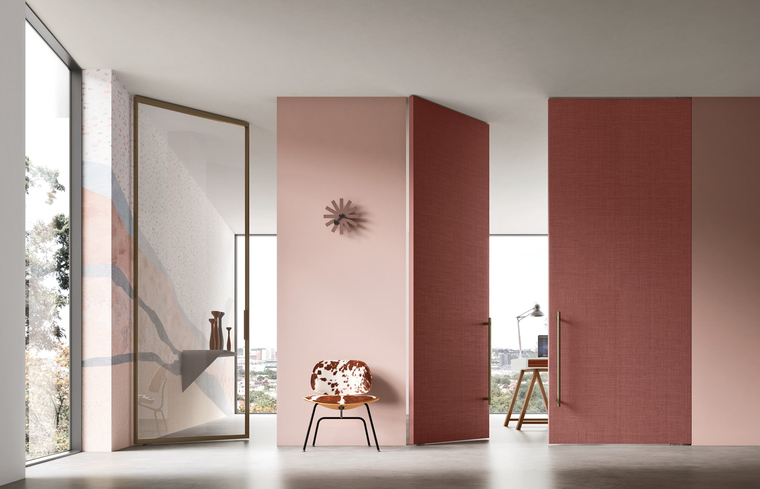 porte bilico a tutta altezza filo muro con finitura materica e vetro