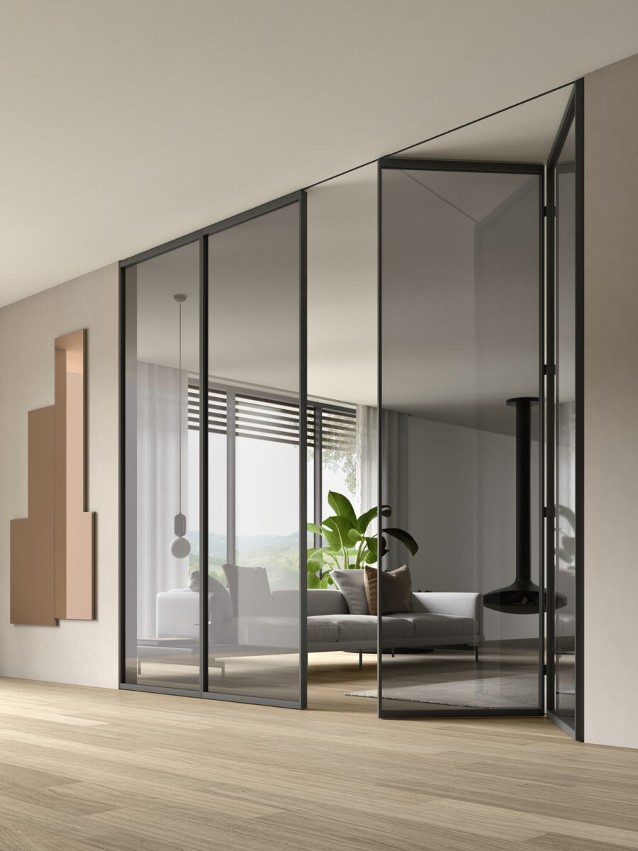 Porta in vetro con apertura a libro Skyline V_Open per zona giorno